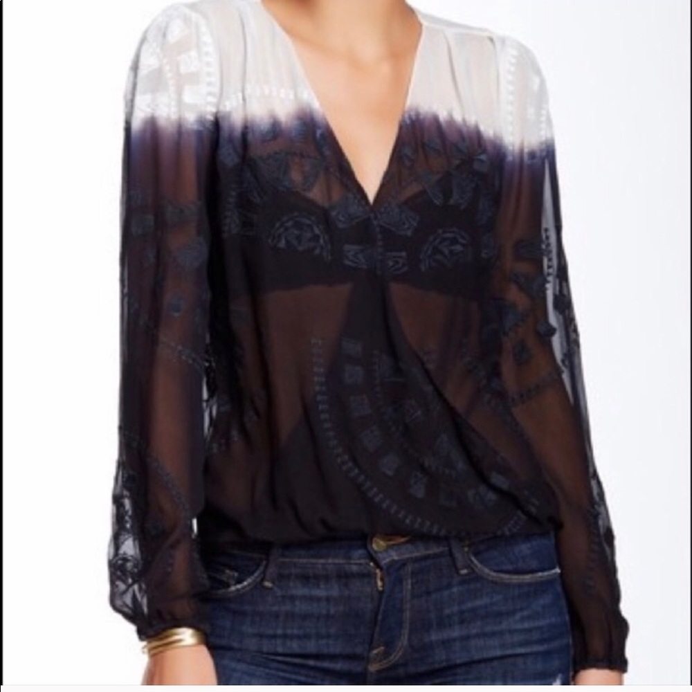 Hombre 100% silk embroidered black coquette blouse S